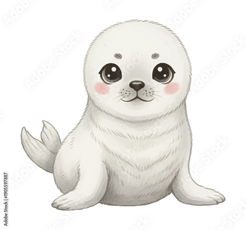 Cute friendly white baby seal pup looking directly at viewer with sweet expression adorable furry arctic animal