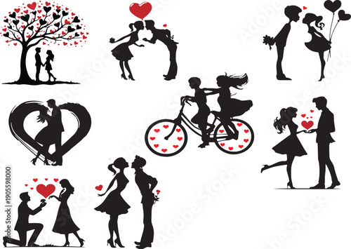 Romantic silhouettes of couples enjoying various activities together