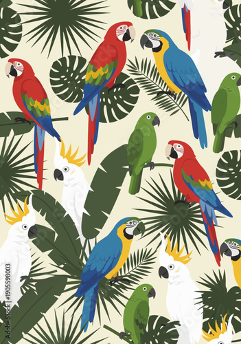 Vibrant Macaw and Cockatoo Parrot Tropical Jungle Pattern Vector Illustration