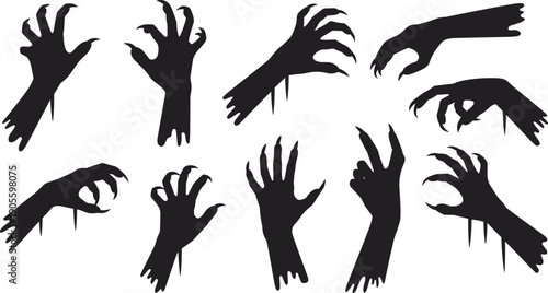Black vector silhouettes of scary monster hands with sharp claws, spooky zombie reaching arms for Halloween horror design, isolated white.