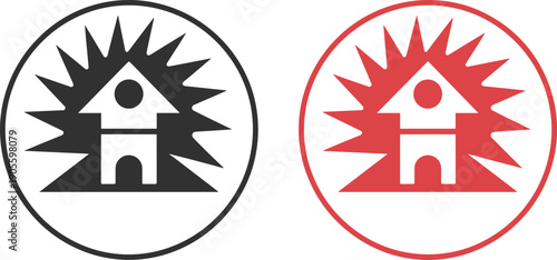Black and red house icons with person figure inside and starburst background, symbolizing safety, shelter, emergency, community, protection, security, resilience, support