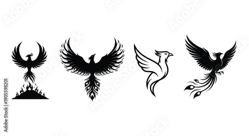 Collection of Phoenix Illustrations Depicting Mythical Rebirth and Ascension in Various Dynamic Poses and Styles