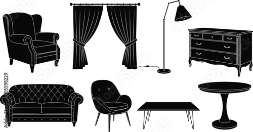 Black furniture silhouette set, featuring sofa armchair curtains lamp dresser table minimalist interior design icons isolated on white background vector