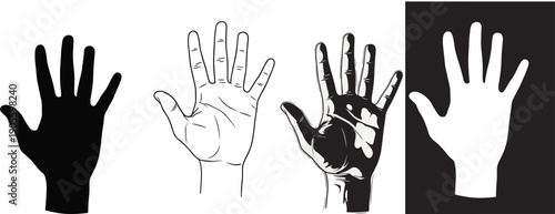 Human hand illustration variations with silhouette, outline and inverted styles, black and white vector palm icons isolated on white background