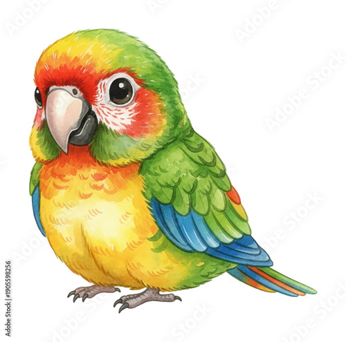 Cute little parrot bird with bright colorful plumage standing peacefully and looking adorable watercolor illustration