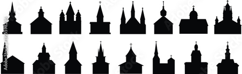 Church silhouette collection, religious architecture icons, cathedral chapel steeple shapes, black vector buildings, spiritual landmarks, minimal design set illustration bundle