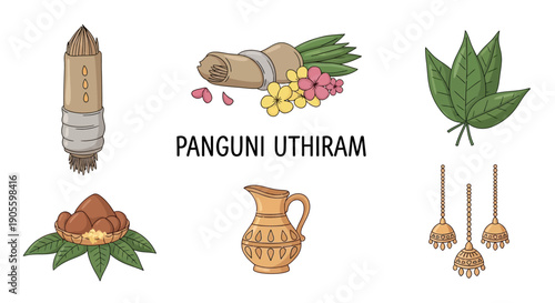 Illustration of traditional items and offerings for the Hindu festival Panguni Uthiram, including a staff, leaves, flowers, powder, and a pitcher.