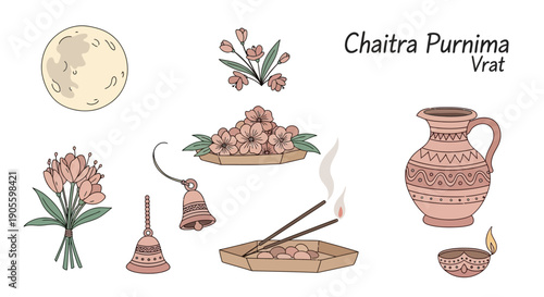 Illustration of Chaitra Purnima Vrat elements including a full moon, traditional bells, incense, flowers, a kalash, and a diya, on a white background.