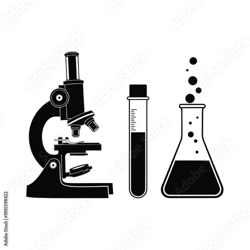 Scientific equipment illustration featuring microscope, test tube, and conical flask with bubbling liquid, viewed from the front.