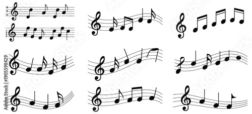 Musical Notes Staff Symbols Vector Design Showing Flowing Melody Notation In Black And White, Isolated For Music Theory, Composition, And Sheet Music Artwork.