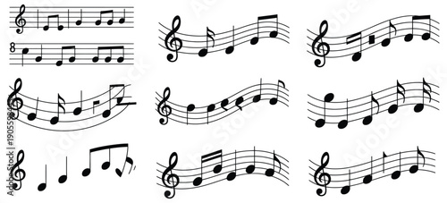 Musical Notes Staff Symbols Vector Design Showing Flowing Melody Notation In Black And White, Isolated For Music Theory, Composition, And Sheet Music Artwork.