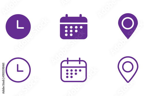 Calendar, Location pin, Clock icons. Event icon set. Address, time, date symbols vector