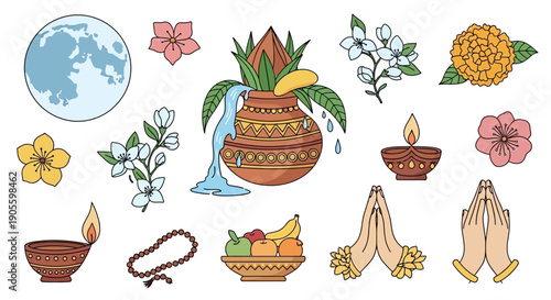 A collection of Hindu religious and cultural symbols including Kalash, diyas, flowers, moon, fruits, and prayer hands.