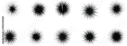 Abstract radial burst elements set with spiky star shapes, black dynamic explosion lines and sunburst vector effects isolated on white background