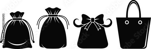 Gift bag silhouette icon set, shopping packaging sack and handbag collection isolated on white background vector illustration