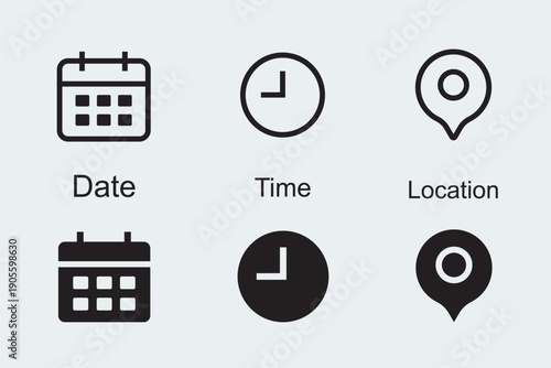 Time, date and address icon. Clock, calendar and location elements for scheduling vector illustration. Useful date and address details for navigation symbol. Clean minimal layout for interface sign