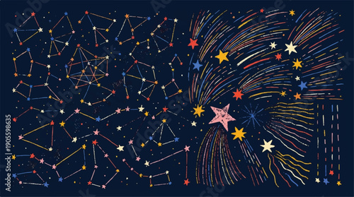 colorful starry night sky with constellations and shooting stars
