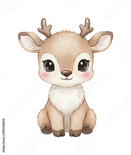 Cute baby deer fawn sitting happy innocent expression with big eyes and small antlers adorable watercolor illustration