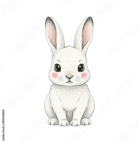 Cute Adorable White Baby Rabbit Sitting and Looking Forward with a Gentle Sweet Expression Full View