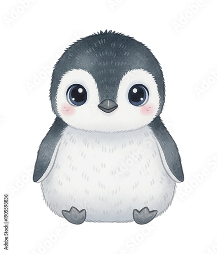 Cute Adorable Baby Penguin with Big Eyes Blushing Cheeks Sitting Happily Front View Character