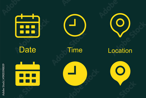 Time, date and address icon. Clock, calendar and location elements for scheduling vector illustration. Useful date and address details for navigation symbol. Clean minimal layout for interface sign