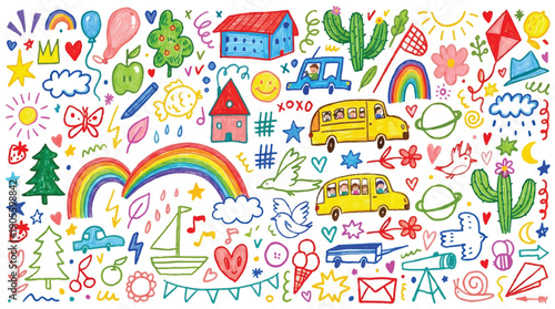 Colorful whimsical hand drawn doodle illustrations of kids stuff and objects
