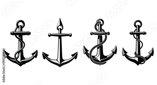 Set of four anchor illustrations featuring different rope designs on a white background viewed from the front
