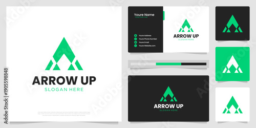 Abstract arrow logo design inspiration. Symbol for business, finance, logistic with business card template.