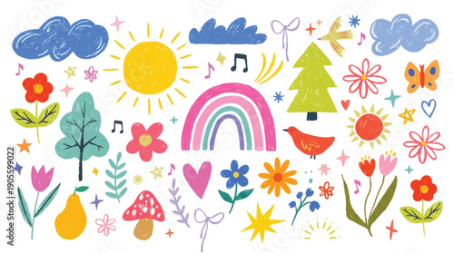 colorful whimsical illustration of flowers trees and clouds on white background