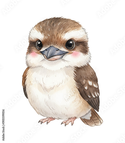 Cute happy baby bird watercolor illustration with big shiny eyes and pink blush cheeks looking friendly