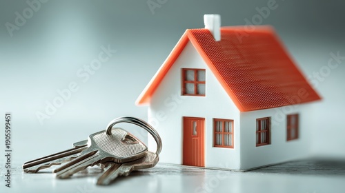 Minimal house model with keys symbolizing buying a new home, real estate and mortgage concept ideal for property marketing, financial services and housing articles