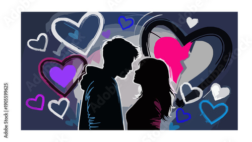 Silhouette of a young couple about to kiss surrounded by abstract hearts symbolizing deep romance, affection, and emotional connection in modern digital art