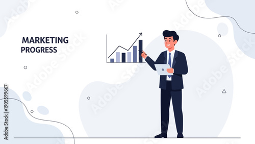 Businessman presenting marketing progress graph on tablet, upward trend