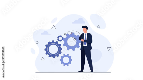 Businessman checking time with gears, symbolizing efficiency and business process