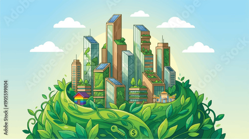 Eco friendly city with green buildings and solar panels on a sunny day with blue sky