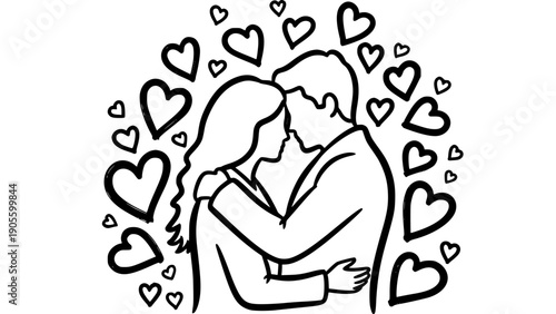 Hand drawn romantic couple embracing closely surrounded by numerous stylized black and white floating heart shapes symbolizing deep affection and devotion