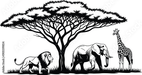 African safari wildlife illustration featuring a lion, elephant, and giraffe standing under a large acacia tree on the savanna grass