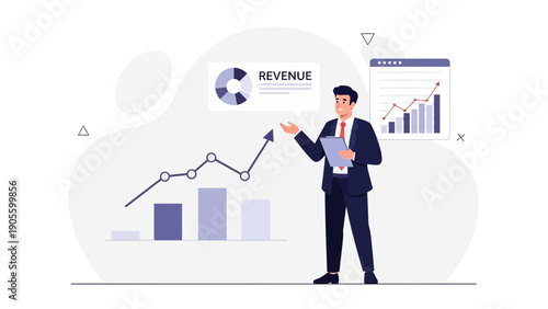 Businessman presenting revenue growth chart, financial analytics, business success concept