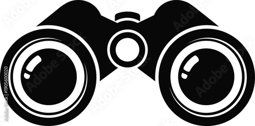 Black and white vector icon of binoculars, optical equipment for bird watching, travel, scouting, and exploration, isolated on white background,