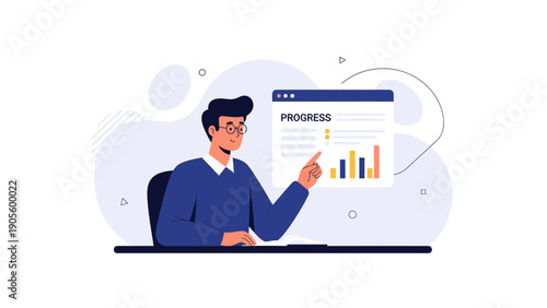 Man pointing at progress chart on computer screen, business growth concept