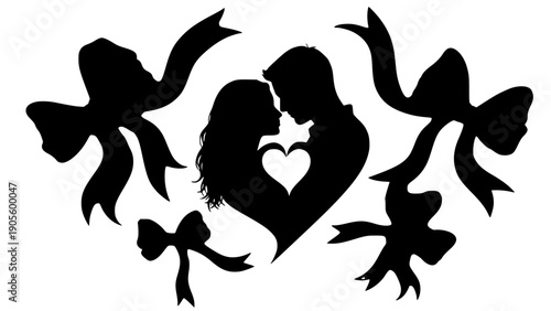 Black silhouette graphic design featuring a romantic couple embracing with a heart shape framed by decorative festive ribbon bows, perfect for love concepts.