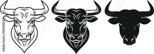 Bull head illustration set with outline, solid and silhouette styles, strong black vector animal mascot icons isolated on white background