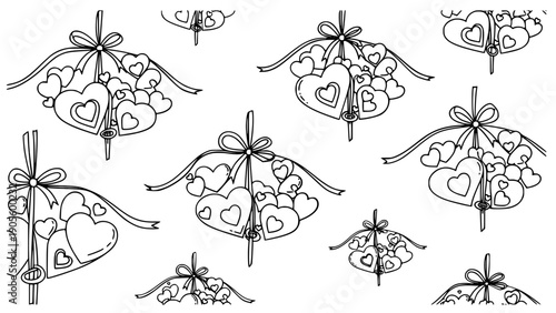 Charming black and white coloring page pattern featuring bunches of assorted hearts tied with ribbons and dangling keys perfect for romance.