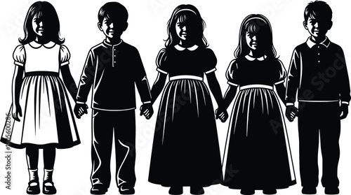 Black and white vector illustration of five children standing together and holding hands, diverse group of kids, childhood friendship,