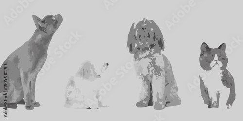 Four stylized dog figures in grayscale resembling different breeds