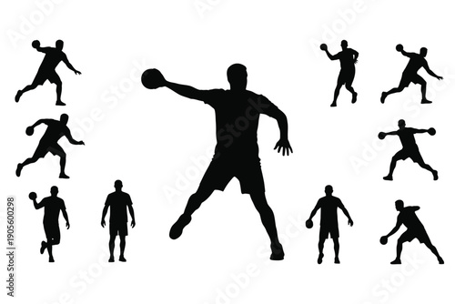 Silhouette of a man playing handball in various poses