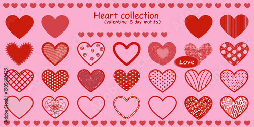 A collection of diverse red and pink heart shapes with decorative patterns
