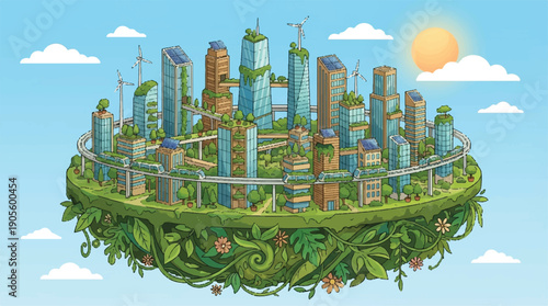 futuristic eco friendly city with green rooftop and solar panels floating in air