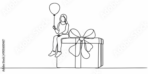 A young woman sits atop a large gift box with a balloon