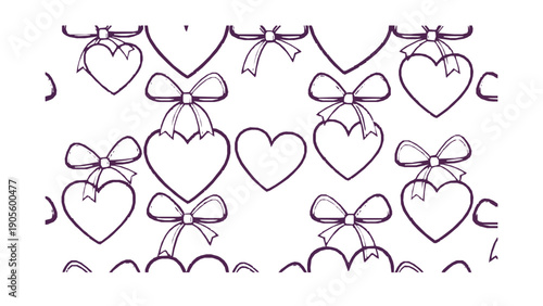 Charming seamless pattern featuring hand drawn purple line art hearts adorned with elegant bows perfect for romantic crafting projects